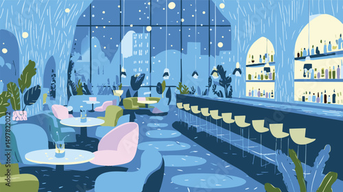 flat design trendy rooftop bar illustration