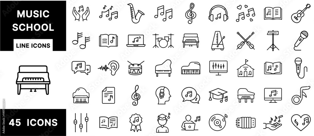 Fototapeta premium Music School Line Icons Set – Instruments, Notes, Sheet Music, Students, Headphones, Pianos, Microphones, Awards, and Education Symbols for Learning Platforms