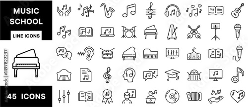 Music School Line Icons Set – Instruments, Notes, Sheet Music, Students, Headphones, Pianos, Microphones, Awards, and Education Symbols for Learning Platforms