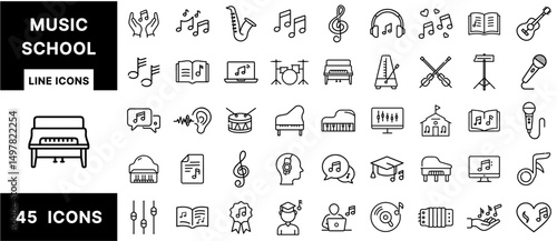 Music School Line Icons Set – Instruments, Notes, Sheet Music, Students, Headphones, Pianos, Microphones, Awards, and Education Symbols for Learning Platforms