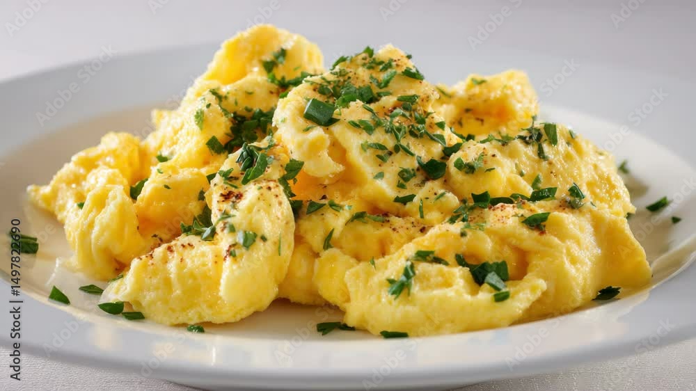 Delicious scrambled egg recipe garnished with herbs on a plate presents a savory breakfast option