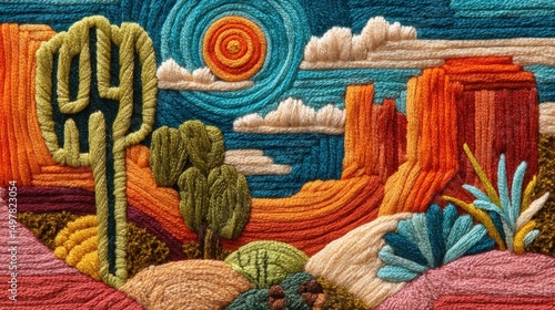 Vibrant desert landscape with embroidered cacti and colorful sunset in southwestern art