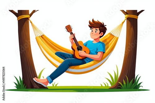 Vector Illustration of Teen Boy Cartoon Character Relaxing in Hammock While Playing Guitar Outdoors on White Background
