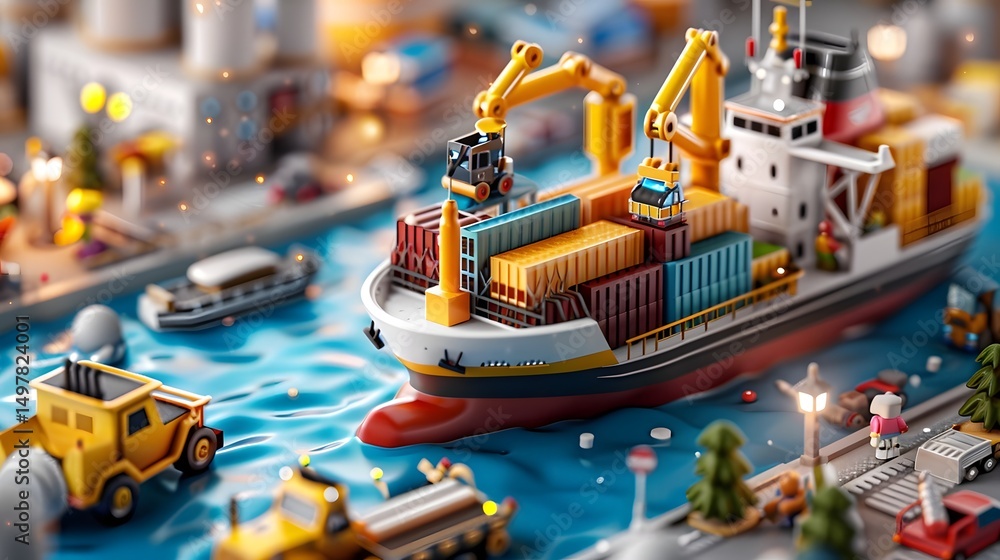 Fototapeta premium Miniature shipping port with cranes and cargo containers
