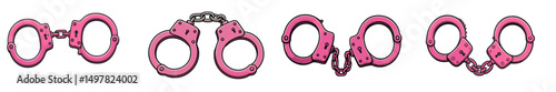 Unique collection of pink handcuffs displayed in various open and closed positions on a white background