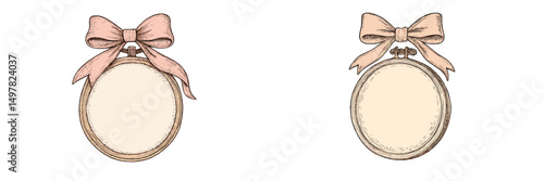 Decorative embroidery hoops with ribbons for art display and craft projects in a creative workspace setting