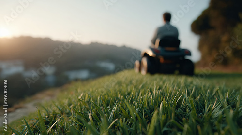 A person rides a lawn mower over freshly cut grass on a sunny hillside, with a scenic, blurred landscape in the background.