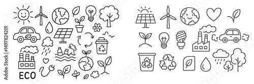 Collection of eco-friendly symbols and illustrations representing sustainability and environmental awareness