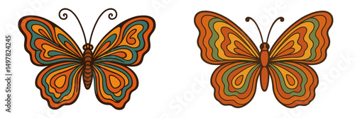 Colorful butterflies in intricate designs showcasing vibrant orange and teal hues in a whimsical illustration style