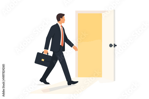Business professional entering an office through a door while carrying a briefcase in a modern workspace