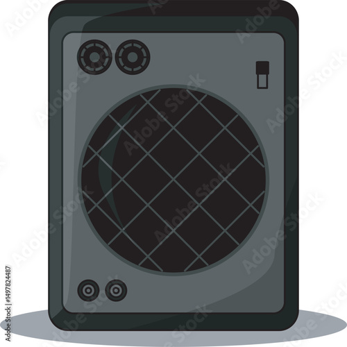 Vector image of a black speaker with control knobs and a mesh grille. Suitable for audio gear guides, music equipment blogs, and sound system illustrations.