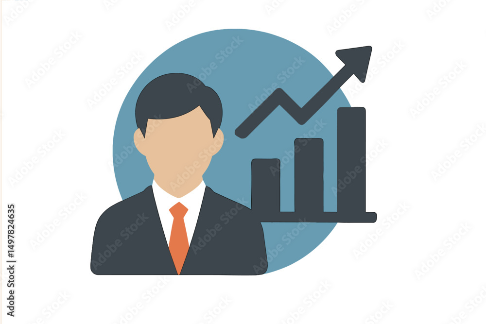 Businessman shows growth potential with upward trend in sales graph and professional attire in a modern design context Businessman shows growth potential with upward trend in sales graph and professional attire in a modern design context