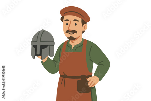 Blacksmith holds a helmet in a workshop while showcasing craftsmanship in a creative setting