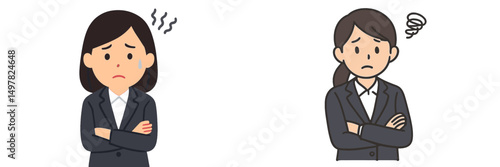 Worried woman in business attire expressing anxiety with crossed arms and a distressed expression