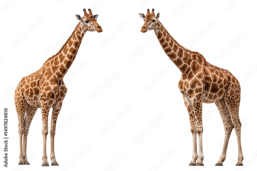 Naklejka premium Two giraffes facing each other, standing tall with their distinctive spotted coats, isolated on transparent background
