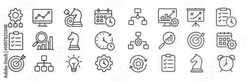 Collection of business and planning icons depicting various strategic activities and tools for analysis and time management