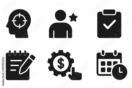 Icons representing various concepts of planning, evaluation, and goal setting for effective task management and personal development