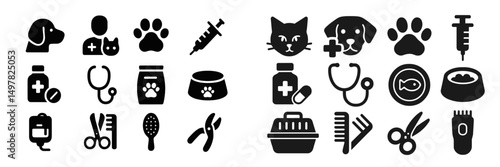 Veterinary care symbols in black and white featuring pets, medical tools, and supplies for animal health and grooming