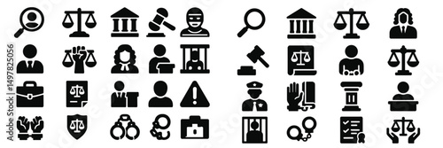 Collection of legal symbols representing justice, law enforcement, and courtroom activities