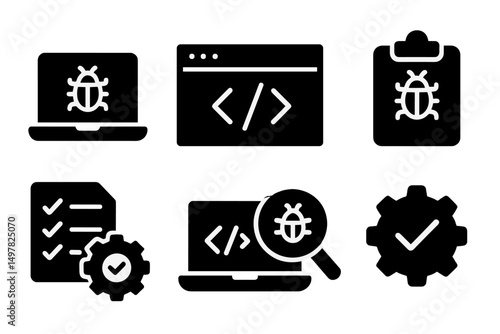 Software debugging tools showcase various icons related to coding and troubleshooting in a digital workspace environment