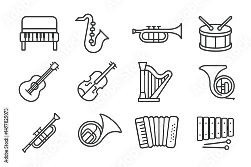 Musical instruments in a variety of styles showcased in clear line art format across a simple background