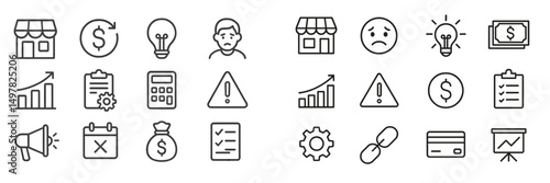 Financial growth icons depicting business concepts, challenges, and opportunities in a modern workspace