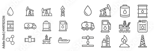 Exploring oil and gas industry icons including drilling rigs, barrels, and transportation methods