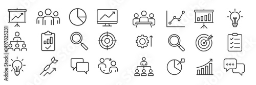 Business analytics and teamwork icons representing growth strategies and collaborative decision-making
