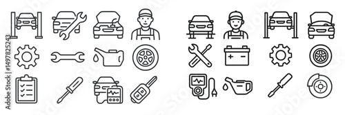 Car maintenance tools and mechanics working on vehicles in an auto repair shop during daylight hours