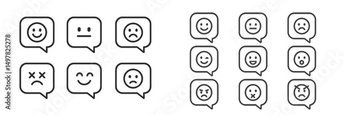 Various emoticons displayed in speech bubbles representing different emotions and feelings in a simple graphic design