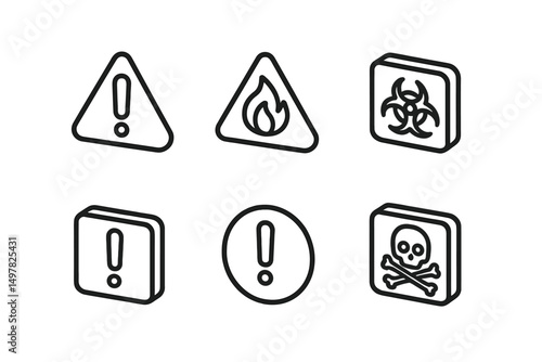 Collection of warning symbols indicating hazards, safety alerts, and potential dangers for public awareness and safety compliance