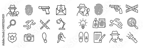 Crime investigation icons representing various detective activities, tools, and elements in a minimalistic style