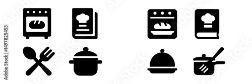 Cooking and baking utensils displayed with various kitchen tools and recipe book in a modern kitchen setting