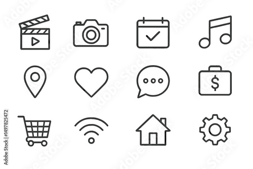 Icons representing different activities and tools related to media, planning, and communication in a grid layout