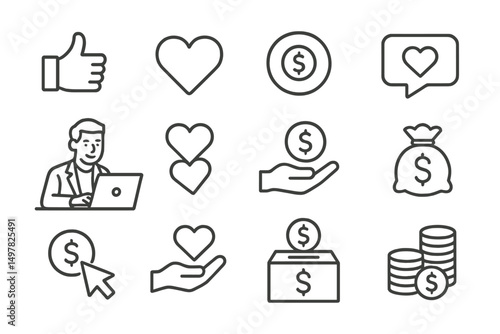 Icons representing love, money, and digital interaction related to finance and engagement in online platforms