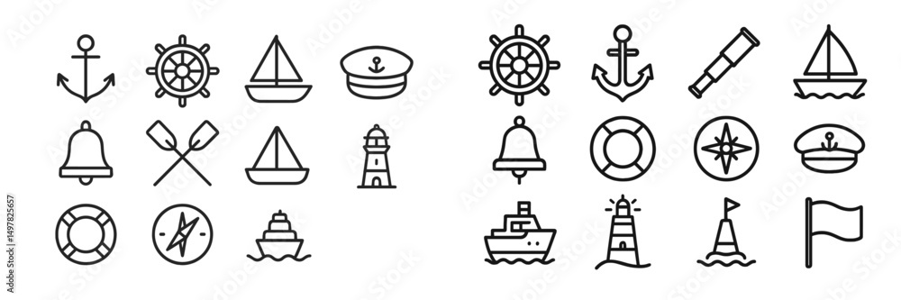 Nautical symbols and elements illustrating maritime themes in a simple black and white design Nautical symbols and elements illustrating maritime themes in a simple black and white design
