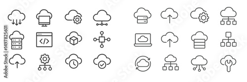 Collection of cloud computing icons illustrating various technology concepts related to data storage and management