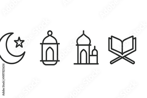 Symbols of Ramadan including crescent moon, lantern, mosque, and Quran representing the spirit of the holy month