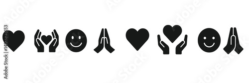 Various symbols representing love, gratitude, and happiness on a simple white background