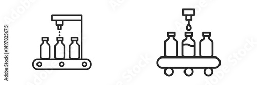 Bottling process on a conveyor belt showing machine filling glass containers with liquid