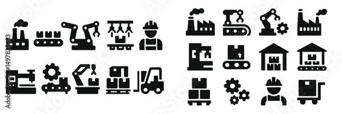 Industrial automation and manufacturing icons showcasing technology and labor in production settings