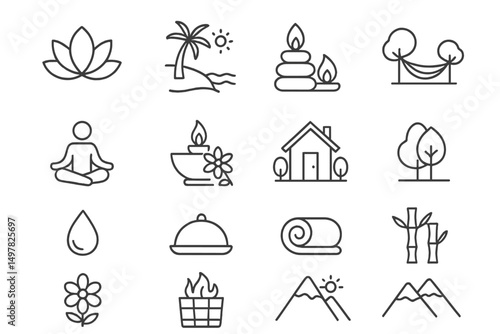 Relaxation and nature-themed icons depicting wellness, serenity, and outdoor elements in a minimalist style