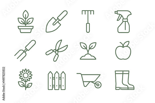 Gardening tools and elements for planting and maintaining a home garden