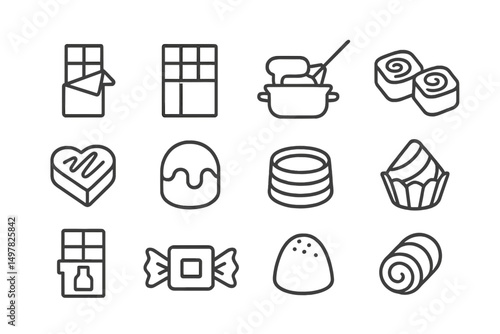 Various types of sweets and desserts displayed in a simplified, minimalistic style with outlines