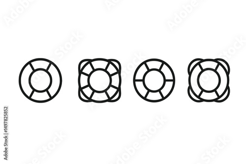 Lifebuoys in various designs on a white background illustrating safety equipment for water activities