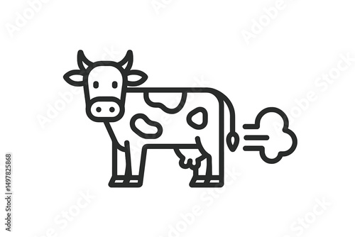 Cute cartoon cow emits playful puff of air while standing in a grassy field under a clear blue sky