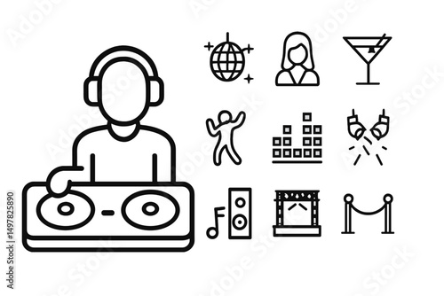 Party atmosphere with DJ mixing at an upscale nightclub featuring dancing, drinks, and vibrant decorations