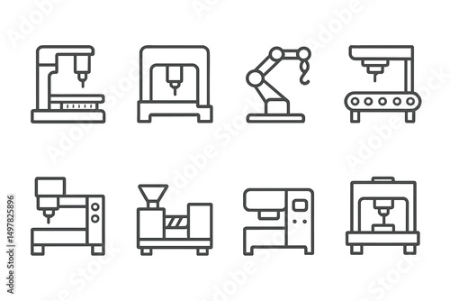 Illustrations of various industrial machines used in manufacturing processes across different sectors