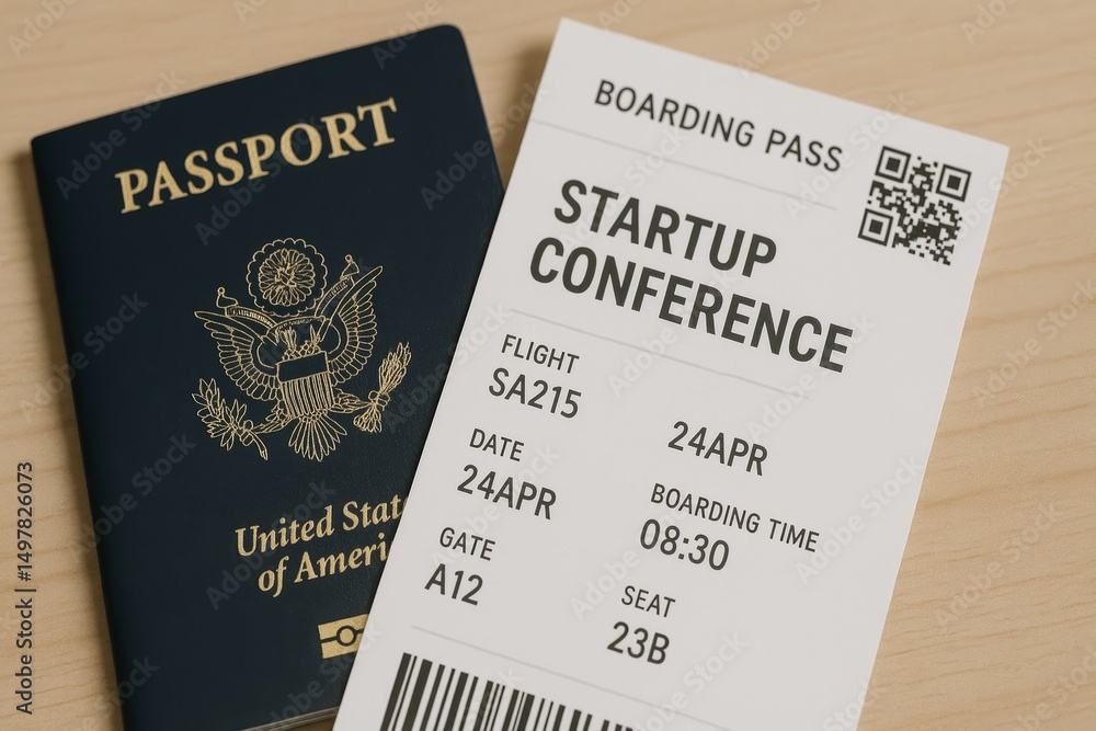 Fototapeta premium Passport and Boarding Pass for Startup Conference Travel and Business Event Planning