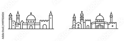 Wallpaper Mural City skyline illustration featuring various types of architecture including religious buildings Torontodigital.ca